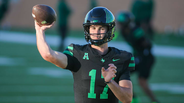 Oct 10, 2025; Denton, Texas, USA; North Texas Mean Green quarterback Drew Mestemaker (17) warms up prior to a game against the South Florida Bulls at DATCU Stadium. Mandatory Credit: Raymond Carlin III-Imagn Images