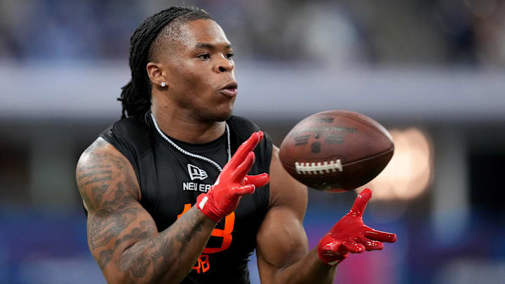 Mar 1, 2025; Indianapolis, IN, USA; Ohio State running back Quinshon Judkins (RB18) during the 2025 NFL Combine at Lucas Oil Stadium. Mandatory Credit: Kirby Lee-Imagn Images Mar 1, 2025; Indianapolis, IN, USA; Ohio State running back Quinshon Judkins (RB18) during the 2025 NFL Combine at Lucas Oil Stadium. Mandatory Credit: Kirby Lee-Imagn Images