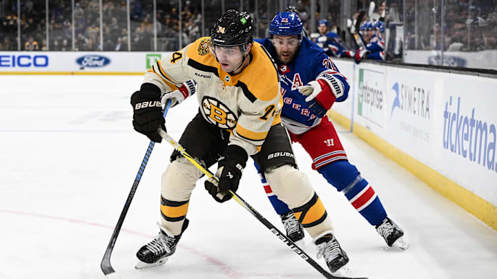 Mar 21, 2024; Boston, Massachusetts, USA; Boston Bruins left wing Jake DeBrusk (74) skates with the