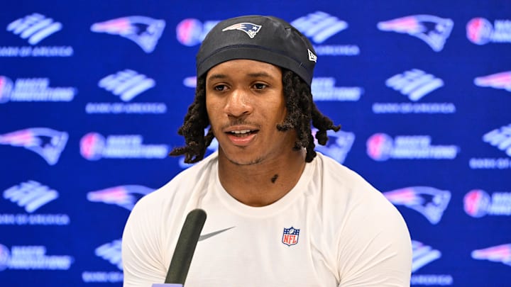 May 9, 2025; Foxborough, MA, USA; New England Patriots wide receiver Kyle Williams (18) speaks to the media after rookie camp at Gillette Stadium. Mandatory Credit: Eric Canha-Imagn Images