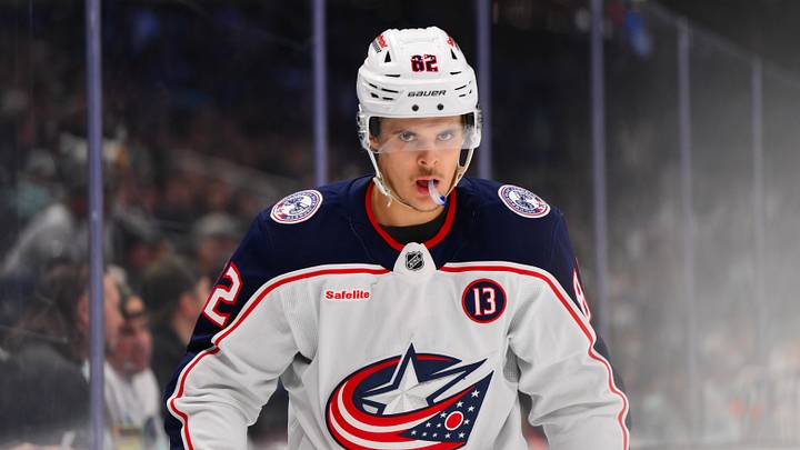 Nov 12, 2024; Seattle, Washington, USA; Columbus Blue Jackets left wing Mikael Pyyhtia (82) during the third period against the Seattle Kraken at Climate Pledge Arena. Mandatory Credit: Steven Bisig-Imagn Images Nov 12, 2024; Seattle, Washington, USA; Columbus Blue Jackets left wing Mikael Pyyhtia (82) during the third period against the Seattle Kraken at Climate Pledge Arena. Mandatory Credit: Steven Bisig-Imagn Images