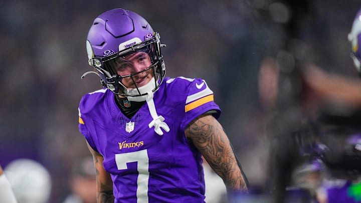 Minnesota Vikings cornerback Byron Murphy Jr. celebrates his interception against the Indianapolis Colts in the fourth quarter at U.S. Bank Stadium in Minneapolis on Nov. 3, 2024.