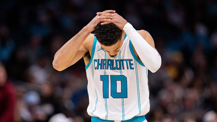 Mar 7, 2025; Charlotte, North Carolina, USA; Charlotte Hornets guard Josh Green (10) reacts during the third quarter against the Cleveland Cavaliers at Spectrum Center. Mandatory Credit: Scott Kinser-Imagn Images