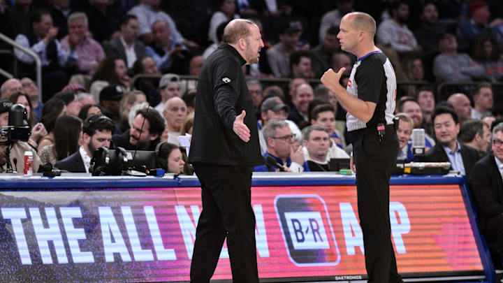 Apr 8, 2025; New York, New York, USA; New York Knicks head coach Tom Thibodeau discussed a call with referee John Goble (10) during the first half against the Boston Celtics at Madison Square Garden. Mandatory Credit: John Jones-Imagn Images