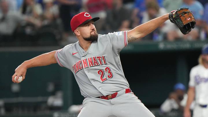 Apr 3, 2026; Arlington, Texas, USA; Cincinnati Reds pitcher Graham Ashcraft (23) pitches to the Texas Rangers during the seventh inning at Globe Life Field. Mandatory Credit: Jim Cowsert-Imagn Images