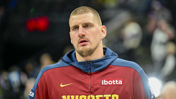 Nov 27, 2024; Salt Lake City, Utah, USA; Denver Nuggets center Nikola Jokic (15) warming up against the Utah Jazz before the game at the Delta Center. Mandatory Credit: Christopher Creveling-Imagn Images