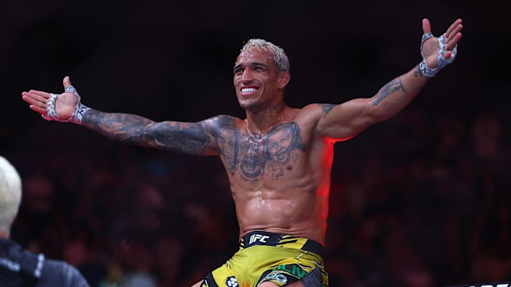 Jun 10, 2023; Vancouver, BC, Canada; Charles Oliveira reacts following his TKO victory against