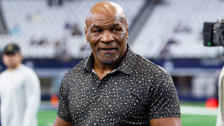 Mike Tyson on the field before the game between the Dallas Cowboys and New Orleans Saints.