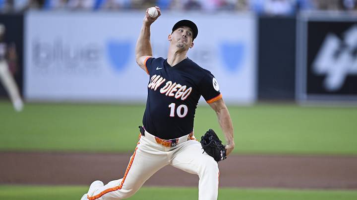 Jun 26, 2026; San Diego, California, USA; San Diego Padres pitcher Walker Buehler (10) delivers during the second inning against the Los Angeles Dodgers at Petco Park. Mandatory Credit: Denis Poroy-Imagn Images