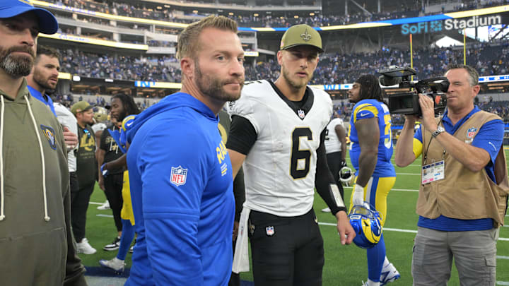 Nov 2, 2025; Inglewood, California, USA; Los Angeles Rams head coach Sean McVay and New Orleans Saints quarterback Tyler Shough (6) meet on the field following a game at SoFi Stadium. Mandatory Credit: Jayne Kamin-Oncea-Imagn Images