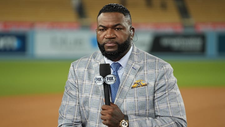 Oct 26, 2024; Los Angeles, California, USA; Fox Sports broadcaster David Ortiz speaks on field after game two between the Los Angeles Dodgers and the New York Yankees in the 2024 MLB World Series at Dodger Stadium. Mandatory Credit: Kirby Lee-Imagn Images