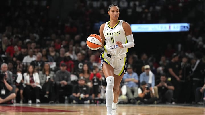 Sep 24, 2023; Las Vegas, Nevada, USA; Dallas Wings forward Satou Sabally (0) dribbles downcourt during the first half of game one of the 2023 WNBA Playoffs at Michelob Ultra Arena. Mandatory Credit: Kirby Lee-Imagn Images Sep 24, 2023; Las Vegas, Nevada, USA; Dallas Wings forward Satou Sabally (0) dribbles downcourt during the first half of game one of the 2023 WNBA Playoffs at Michelob Ultra Arena. Mandatory Credit: Kirby Lee-Imagn Images