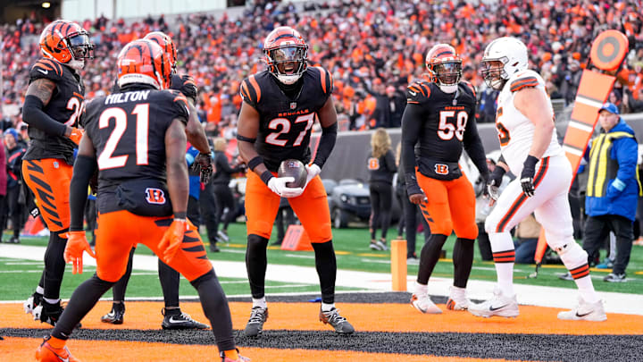 Cincinnati Bengals safety Jordan Battle (27) celebrates after intercepting a pass in the end zone intended for Cleveland Browns tight end David Njoku (85) in the fourth quarter of the NFL Week 16 game between the Cincinnati Bengals and the Cleveland Browns at Paycor Stadium in downtown Cincinnati on Sunday, Dec. 22, 2024. The Bengals won 24-16.
