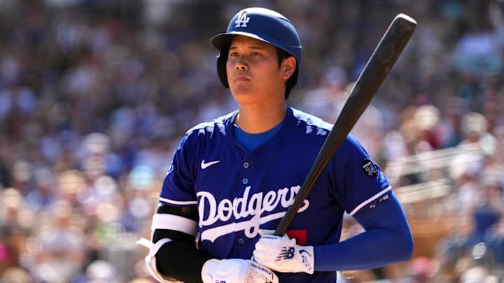 Mar 10, 2025; Phoenix, Arizona, USA; Los Angeles Dodgers two-way player Shohei Ohtani (17) bats against the Arizona Diamondbacks during the second inning at Camelback Ranch-Glendale. Mandatory Credit: Joe Camporeale-Imagn Images