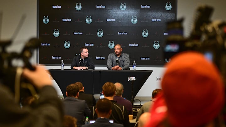 Jan 27, 2024; Milwaukee, WI, USA;  Doc Rivers speaks at a press conference with general manager Jon Horst where he was introduce as the new head coach of the Milwaukee Bucks at the Fiserv Forum. Mandatory Credit: Benny Sieu-Imagn Images