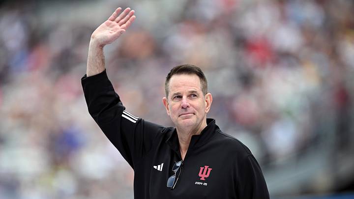 May 24, 2026; Indianapolis, Indiana, USA; Indiana Hoosiers  football head coach Curt Cignetti waves before the 110th Running of the Indianapolis 500 at Indianapolis Motor Speedway. Mandatory Credit: Marc Lebryk-Imagn Images