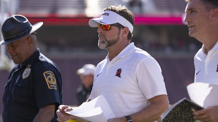 Oct 5, 2024; Stanford, California, USA;  Virginia Tech Hokies head coach Brent Pry walks back to the locker rooms after defeating the Stanford Cardinal at Stanford Stadium. Mandatory Credit: Stan Szeto-Imagn Images