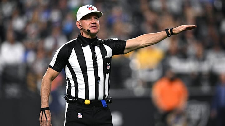 Jan 9, 2022; Paradise, Nevada, USA; NFL referee Clete Blakeman signals during the first half of the game between the Las Vegas Raiders and the Los Angeles Chargers at Allegiant Stadium. Jan 9, 2022; Paradise, Nevada, USA; NFL referee Clete Blakeman signals during the first half of the game between the Las Vegas Raiders and the Los Angeles Chargers at Allegiant Stadium.