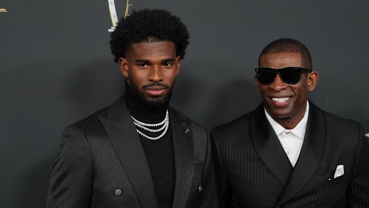 Shedeur Sanders (left) has seen his NFL Draft odds stumble alongside his father, Deion Sanders (right). 