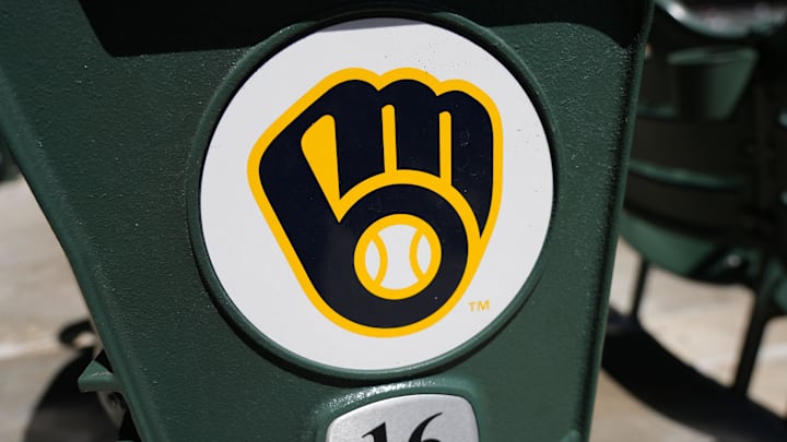 May 26, 2025; Milwaukee, Wisconsin, USA;  General view of a Milwaukee Brewers logo during warmups prior the game against the Boston Red Sox at American Family Field. Mandatory Credit: Jeff Hanisch-Imagn Images