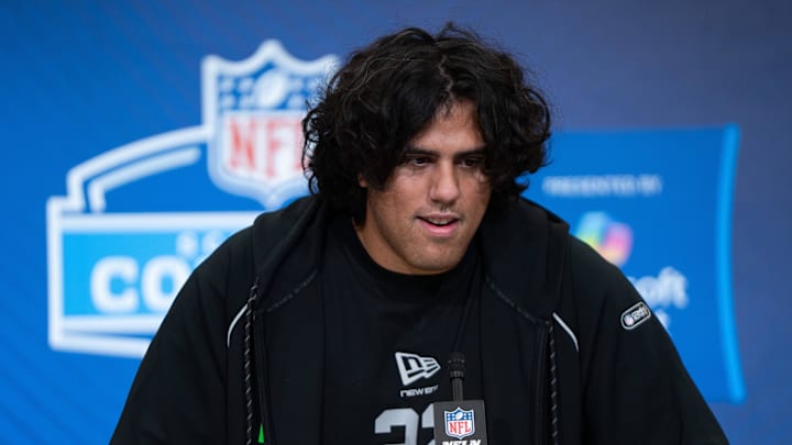Feb 28, 2026; Indianapolis, IN, USA; Utah offensive lineman Spencer Fano (OL22) speaks to members of the media during the NFL Combine at the Indiana Convention Center. Mandatory Credit: Jacob Musselman-Imagn Images
