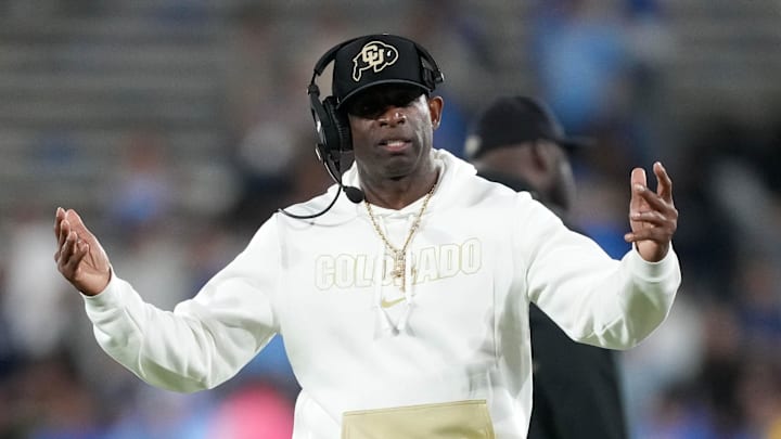 Oct 28, 2023; Pasadena, California, USA; Colorado Buffaloes head coach Deion Sanders reacts against the UCLA Bruins in the second half at Rose Bowl. Mandatory Credit: Kirby Lee-Imagn Images