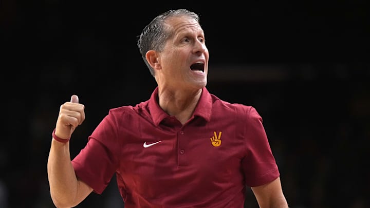 Jan 4, 2025; Los Angeles, California, USA; Southern California Trojans head coach Eric Musselman reacts in the second half against the Michigan Wolverines at Galen Center. Mandatory Credit: Kirby Lee-Imagn Images