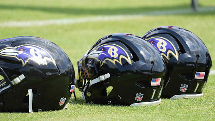 Jul 23, 2025; Owings Mills, MD, USA; Baltimore Ravens helmets await use during training camp at the Under Armour Performance Center. Mandatory Credit: Mitch Stringer-Imagn Images