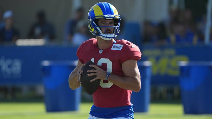 Jul 31, 2026; Westchester California USA; Los Angeles Rams quarterback Stetson Bennett IV (13) throws the ball at training camp at Loyola Marymount University. Mandatory Credit: Kirby Lee-Imagn Images
