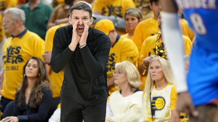 Jun 19, 2025; Indianapolis, Indiana, USA; Oklahoma City Thunder head coach Mark Daigneault directs players against the Indiana Pacers during the second half of game six of the 2025 NBA Finals between the Oklahoma City Thunder and the Indiana Pacers at Gainbridge Fieldhouse. Mandatory Credit: Kyle Terada-Imagn Images