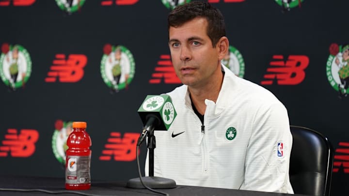 Sep 24, 2024; Boston, MA, USA;  Boston Celtics general manager Brad Stevens talks to reporters during media day at Auerbach Center. Mandatory Credit: David Butler II-Imagn Images