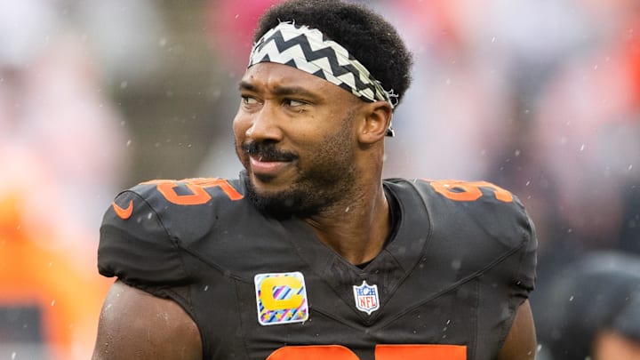 Oct 19, 2025; Cleveland, Ohio, USA; Cleveland Browns defensive end Myles Garrett (95) looks on during warm ups before the game against the Miami Dolphins at Huntington Bank Field. Mandatory Credit: Scott Galvin-Imagn Images
