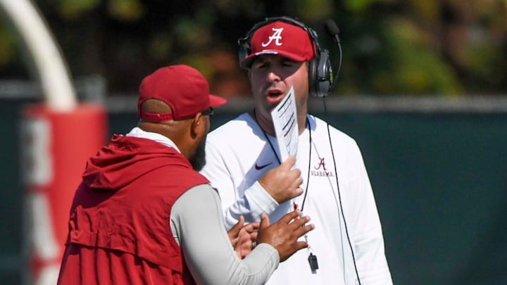 The Crimson Tide players and coaches work during practice Tuesday, Aug. 6, 2024. Alabama running backs coach Robert Gillespie talks to Alabama offensive coordinator Nick Sheridan as they watch an offensive drill. The Crimson Tide players and coaches work during practice Tuesday, Aug. 6, 2024. Alabama running backs coach Robert Gillespie talks to Alabama offensive coordinator Nick Sheridan as they watch an offensive drill.