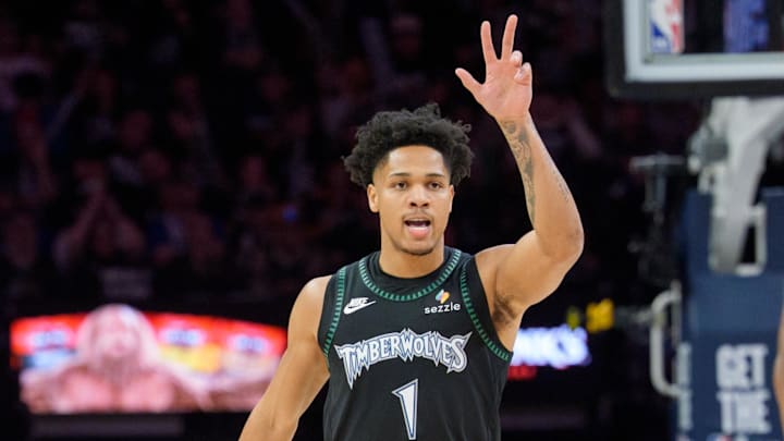 Apr 25, 2026; Minneapolis, Minnesota, USA; Minnesota Timberwolves guard Terrence Shannon Jr. (1) reacts after scoring a three-point shot against the Denver Nuggets in the second quarter at Target Center. Mandatory Credit: Matt Blewett-Imagn Images