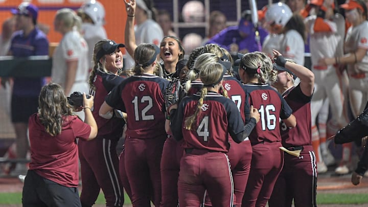 South Carolina Gamecocks celebrates after the game at McWhorter Stadium in Clemson Wednesday, March 20, 2024. USC won 6-4 in 12 innings.