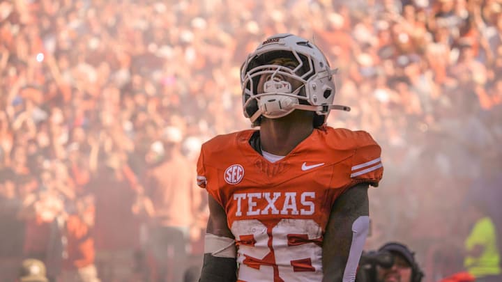 Texas Longhorns running back Quintrevion Wisner (26) reacts after scoring a touchdown during the Longhorns' game against the Florida Gators, Nov. 9, 2024 at Darrell K. Royal Texas Memorial Stadium in Austin.