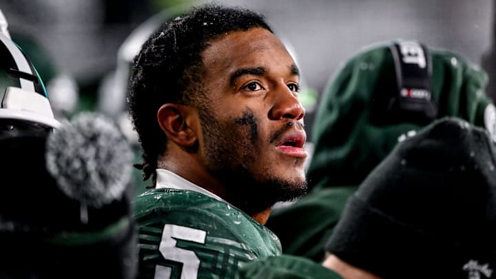 Michigan State's Jordan Hall looks on from the sideline against Rutgers during the fourth quarter on Saturday, Nov. 30, 2024, at Spartan Stadium in East Lansing. Michigan State's Jordan Hall looks on from the sideline against Rutgers during the fourth quarter on Saturday, Nov. 30, 2024, at Spartan Stadium in East Lansing.