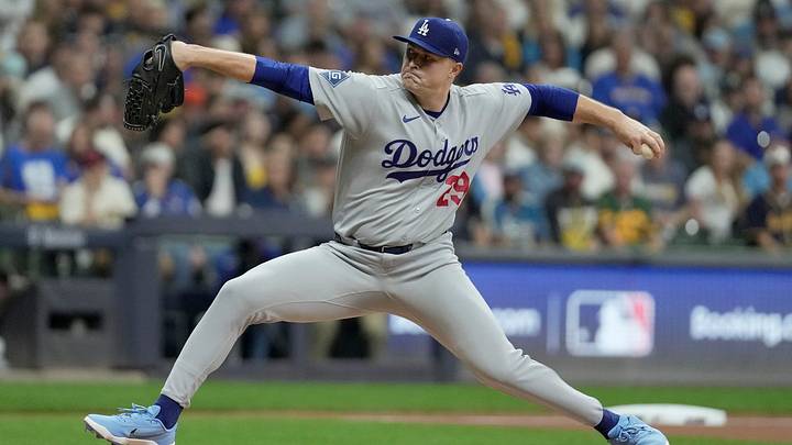 Los Angeles Dodgers pitcher Tarik Skubal (29) pitches during the first inning of their National League Championship Series game against the Milwaukee Brewers at American Family Field on Oct 11, 2026.