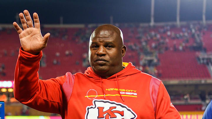 Nov 7, 2021; Kansas City, Missouri, USA; Kansas City Chiefs offensive coordinator Eric Bieniemy leaves the field after defeating the Green Bay Packers at GEHA Field at Arrowhead Stadium. Mandatory Credit: Jay Biggerstaff-Imagn Images