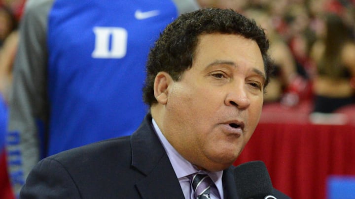 Jan 23, 2016; Raleigh, NC, USA; CBS commentator Greg Gumbel prior to a game between the Duke Blue Devils and the North Carolina State Wolfpack at PNC Arena. Mandatory Credit: Rob Kinnan-Imagn Images