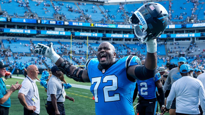Sep 21, 2025; Charlotte, North Carolina, USA; Carolina Panthers offensive tackle Taylor Moton (72) reacts after the game at Bank of America Stadium. 