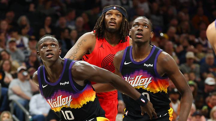 Feb 22, 2026; Phoenix, Arizona, USA; Phoenix Suns center Khaman Maluach (10) and forward Rasheer Fleming (20) against the Portland Trail Blazers at Mortgage Matchup Center. Mandatory Credit: Mark J. Rebilas-Imagn Images Feb 22, 2026; Phoenix, Arizona, USA; Phoenix Suns center Khaman Maluach (10) and forward Rasheer Fleming (20) against the Portland Trail Blazers at Mortgage Matchup Center. Mandatory Credit: Mark J. Rebilas-Imagn Images