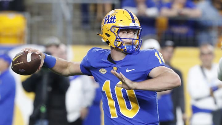 Oct 12, 2024; Pittsburgh, Pennsylvania, USA;  Pittsburgh Panthers quarterback Eli Holstein (10) passes against the California Golden Bears during the fourth quarter at Acrisure Stadium. Pittsburgh won 17-15. Mandatory Credit: Charles LeClaire-Imagn Images