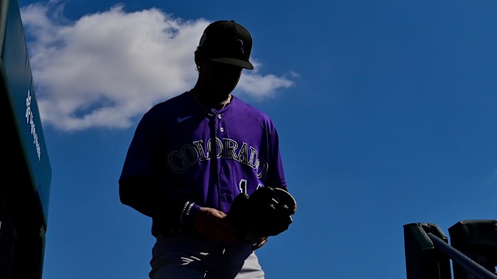 Mar 3, 2023; Scottsdale, Arizona, USA; Colorado Rockies shortstop Ezequiel Tovar (14) looks on prior to the game against the San Francisco Giants during a Spring Training game at Scottsdale Stadium. Mandatory Credit: Matt Kartozian-Imagn Images