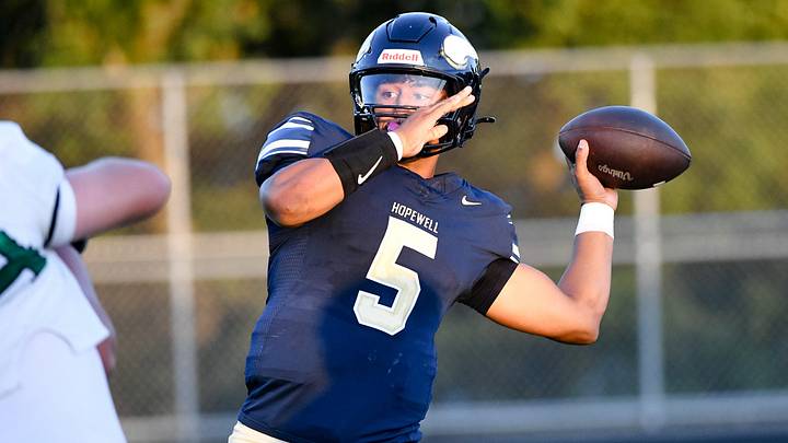 Hopewell quarterback James Armstrong throws the ball during a game against Riverside on August 22, 2025. Hopewell quarterback James Armstrong throws the ball during a game against Riverside on August 22, 2025.