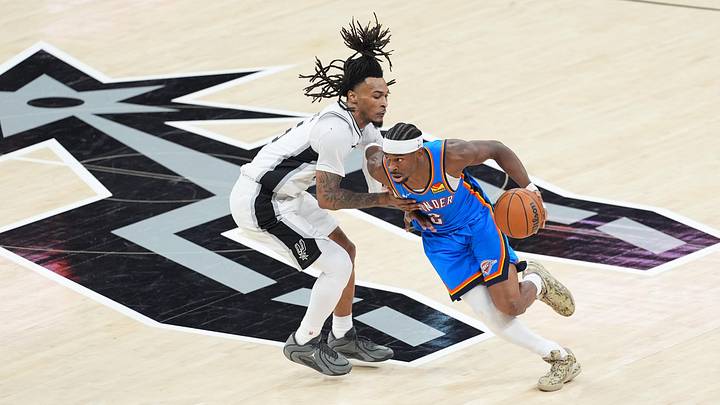 May 24, 2026; San Antonio, Texas, USA; Oklahoma City Thunder guard Shai Gilgeous-Alexander (2) drives the ball past San Antonio Spurs guard Stephon Castle (5) in the third quarter during game four of the western conference finals for the 2026 NBA playoffs at Frost Bank Center. Mandatory Credit: Daniel Dunn-Imagn Images May 24, 2026; San Antonio, Texas, USA; Oklahoma City Thunder guard Shai Gilgeous-Alexander (2) drives the ball past San Antonio Spurs guard Stephon Castle (5) in the third quarter during game four of the western conference finals for the 2026 NBA playoffs at Frost Bank Center. Mandatory Credit: Daniel Dunn-Imagn Images
