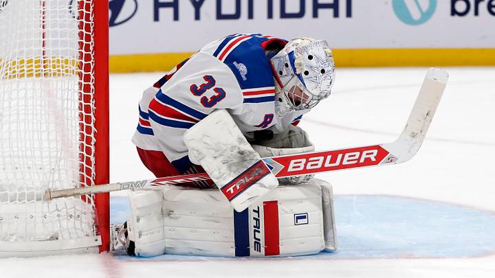 Oct 17, 2026; Columbus, Ohio, USA; New York Rangers goalie Dylan Garand (33) makes a save against the Columbus Blue Jackets during the second period at Nationwide Arena. Mandatory Credit: Russell LaBounty-Imagn Images Oct 17, 2026; Columbus, Ohio, USA; New York Rangers goalie Dylan Garand (33) makes a save against the Columbus Blue Jackets during the second period at Nationwide Arena. Mandatory Credit: Russell LaBounty-Imagn Images