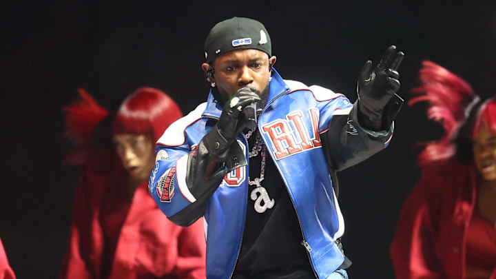 Feb 9, 2025; New Orleans, LA, USA;  Recording artist Kendrick Lamar performs during the halftime show of Super Bowl LIX between the Philadelphia Eagles and the Kansas City Chiefs at Ceasars Superdome. 