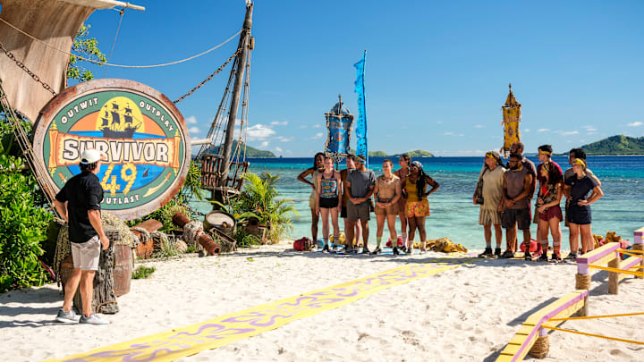 “Go Kick Rocks, Bro” – An unexpected shakeup shifts the castaways’ game trajectories in an all-new direction. Teammates must rely on one another to succeed in a grueling immunity and reward challenge. Then, a wild goose chase unfolds to reinstate one castaway’s vote after the discovery of a beware advantage, on SURVIVOR, Wednesday, Oct. 15. Pictured (L-R): Jeff Probst, Michelle “MC” Chukwujekwu, Shannon Fairweather, Steven Ramm, Alex Moore, Sophie Segreti, Sage Ahrens-Nichols, Kristina Mills,