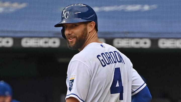 Sep 27, 2020; Kansas City, Missouri, USA;  Kansas City Royals left fielder Alex Gordon (4) looks back after his at bat during the first inning against the Detroit Tigers at Kauffman Stadium. Mandatory Credit: Peter Aiken-Imagn Images